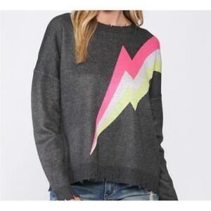 Fate Women Distressed Lightning Bolt Sweater Gray Knit Wool Blend Oversized L